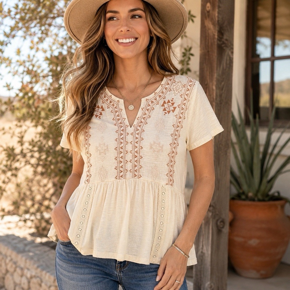 Miss Me Embroidered‎ Aztec Peplum Top Medium Cream Boho Western Festival